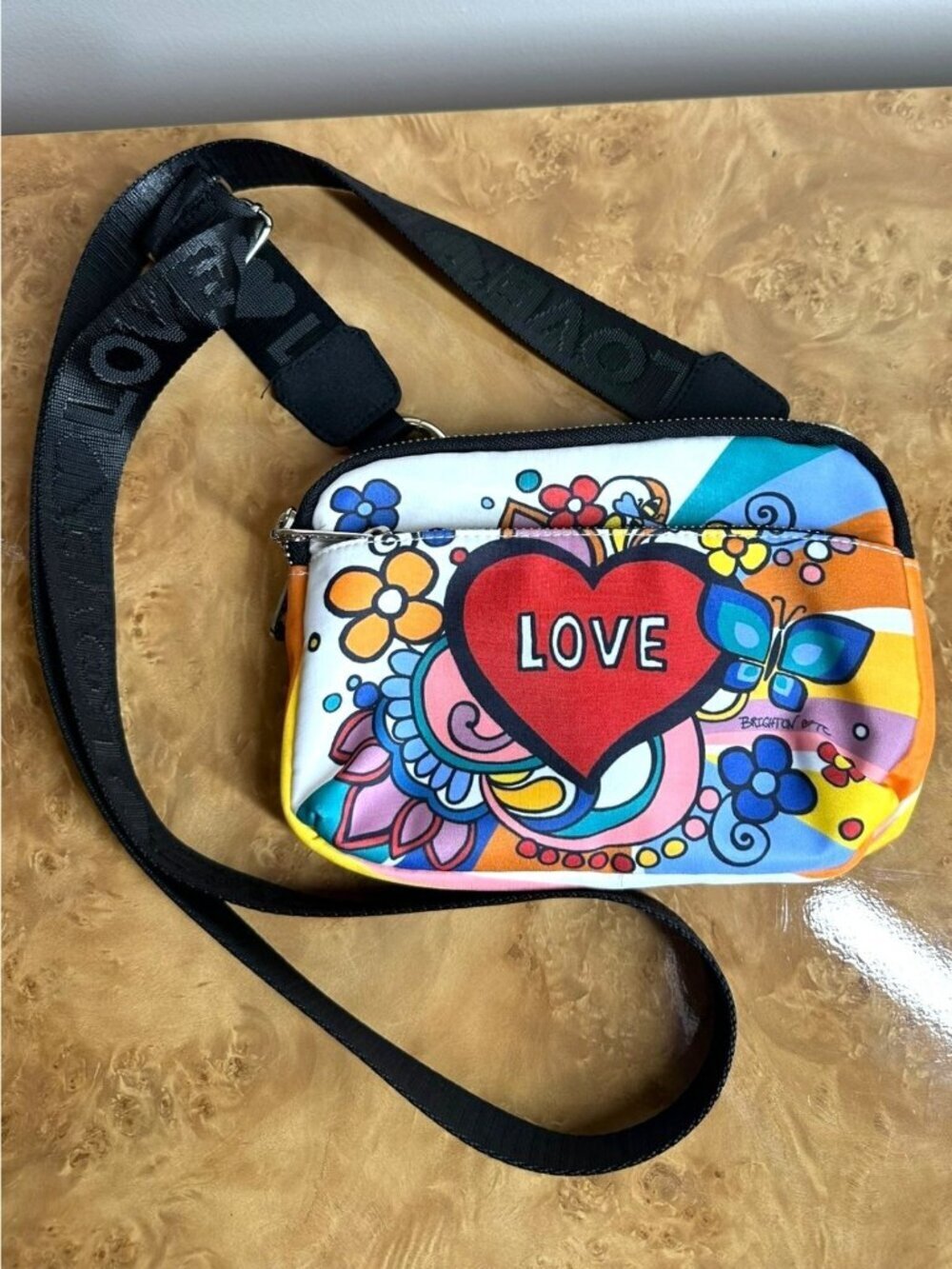 Brighton LOVE Graphic Crossbody Bag Colorful Heart Floral Print Shoulder Purse